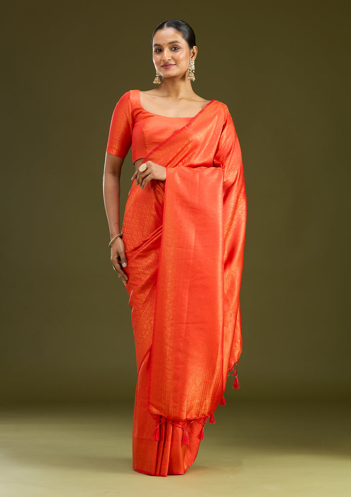 Orange Silk Jaal Gold Zariwork Saree With Matching Blouse Piece