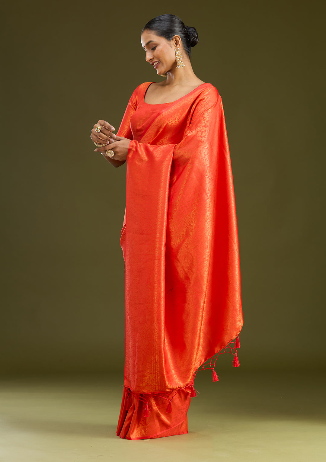 Orange Silk Jaal Gold Zariwork Saree With Matching Blouse Piece