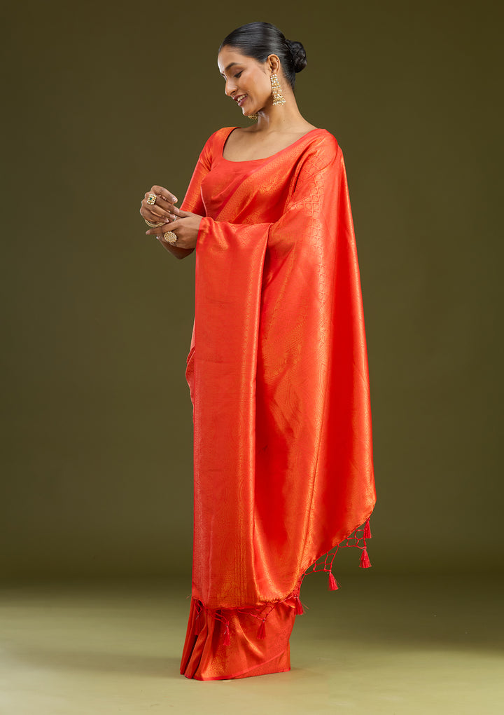 Orange Silk Jaal Gold Zariwork Saree With Matching Blouse Piece