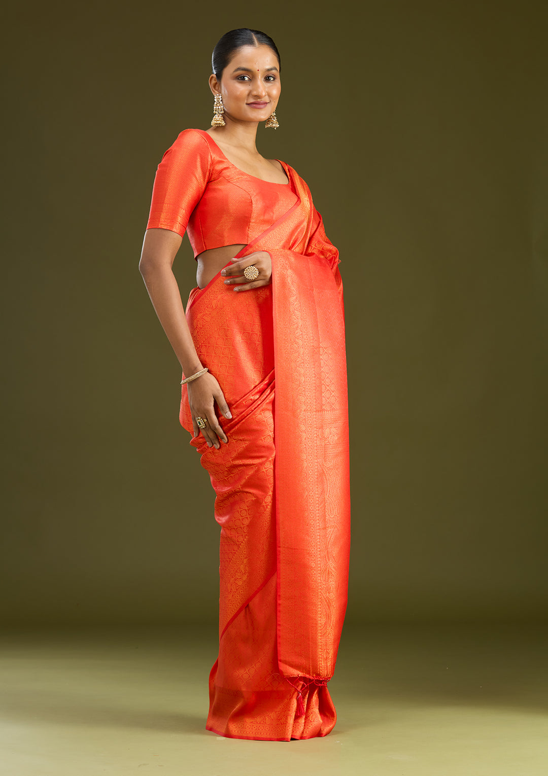 Orange Silk Jaal Gold Zariwork Saree With Matching Blouse Piece