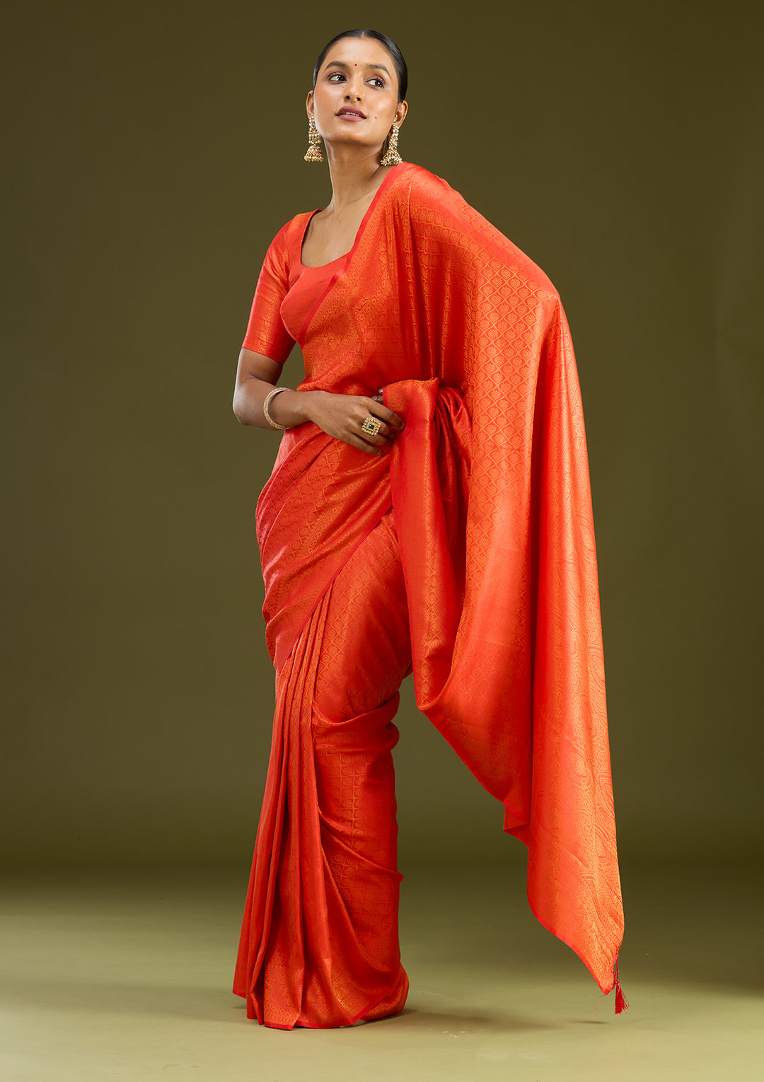 Orange Silk Jaal Gold Zariwork Saree With Matching Blouse Piece