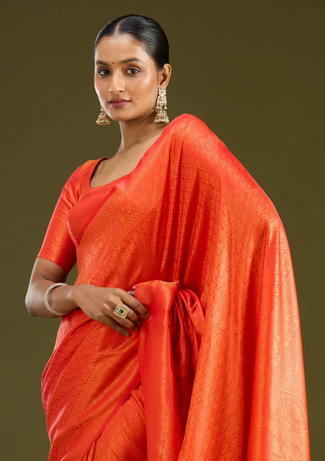 Orange Silk Jaal Gold Zariwork Saree With Matching Blouse Piece