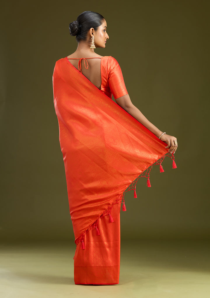 Orange Silk Jaal Gold Zariwork Saree With Matching Blouse Piece