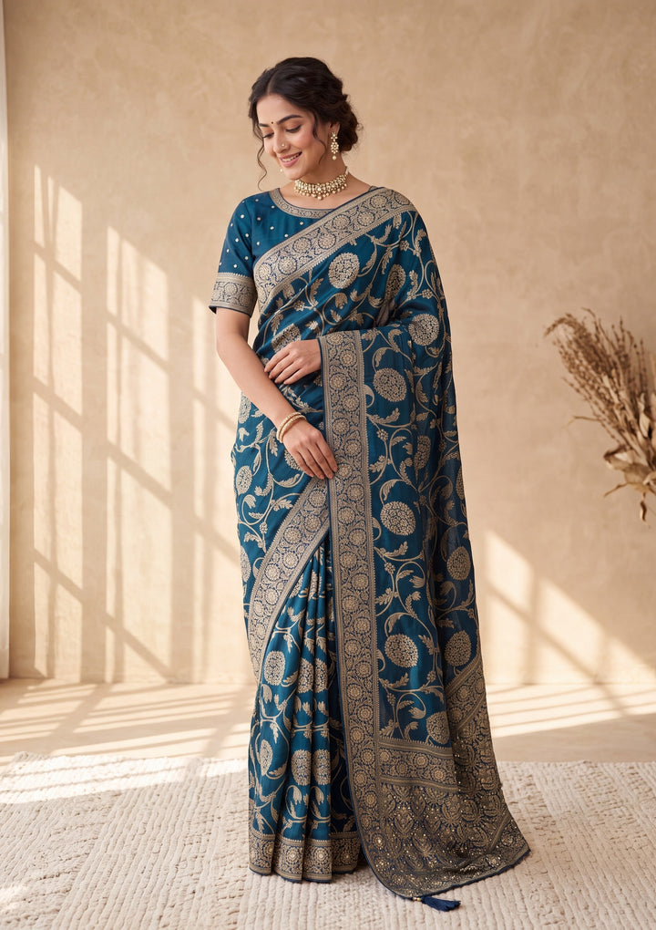 Peacock Blue Banarasi Silk Saree With Matching Blouse Piece