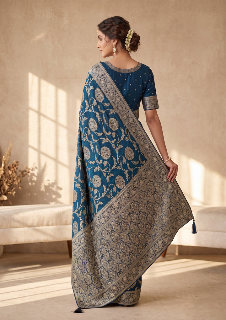 Peacock Blue Banarasi Silk Saree With Matching Blouse Piece