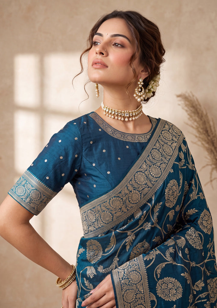 Peacock Blue Banarasi Silk Saree With Matching Blouse Piece