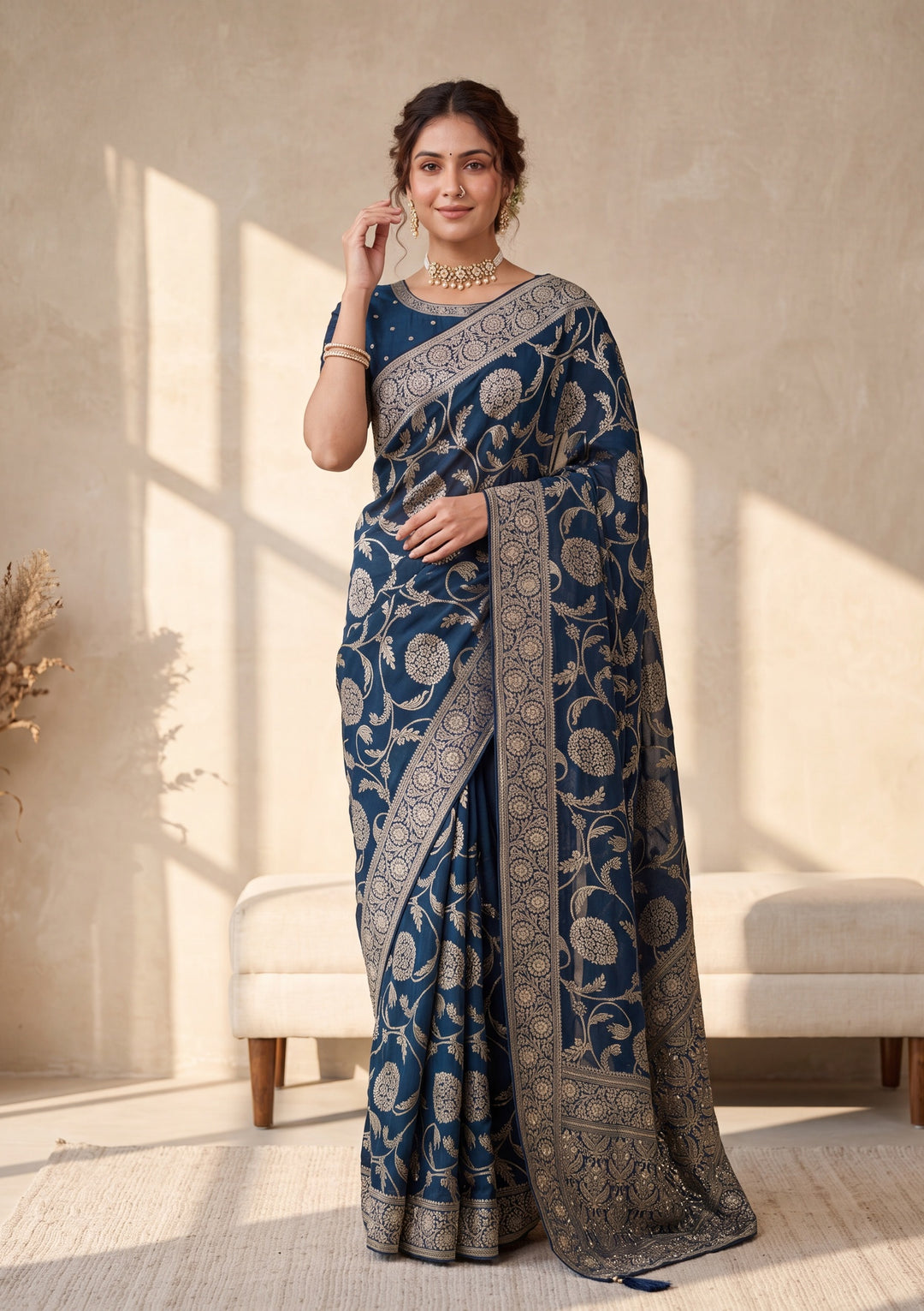 Peacock Blue Banarasi Silk Saree With Matching Blouse Piece