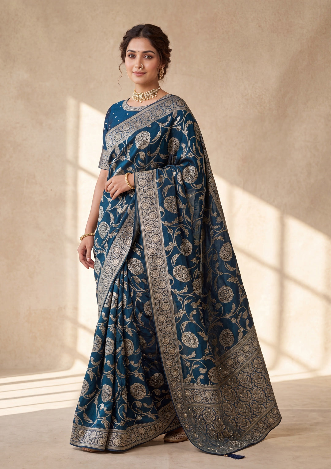 Peacock Blue Banarasi Silk Saree With Matching Blouse Piece