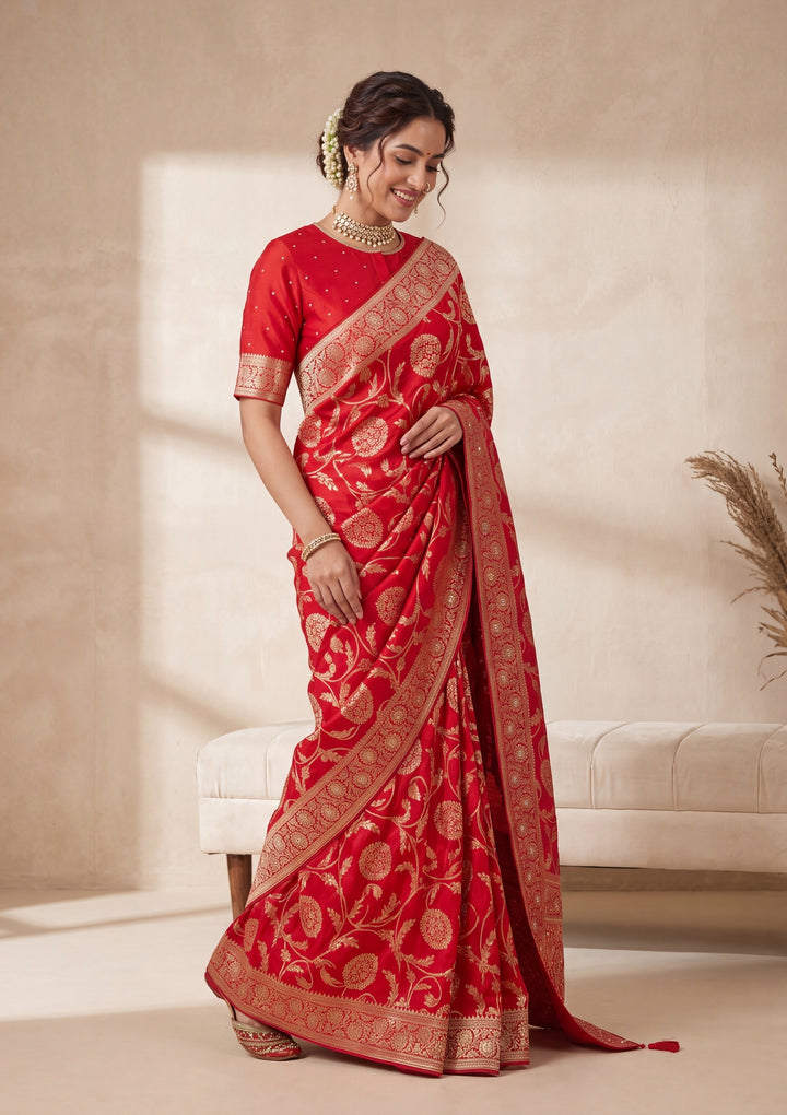 Red Banarasi Silk Saree With Matching Blouse Piece