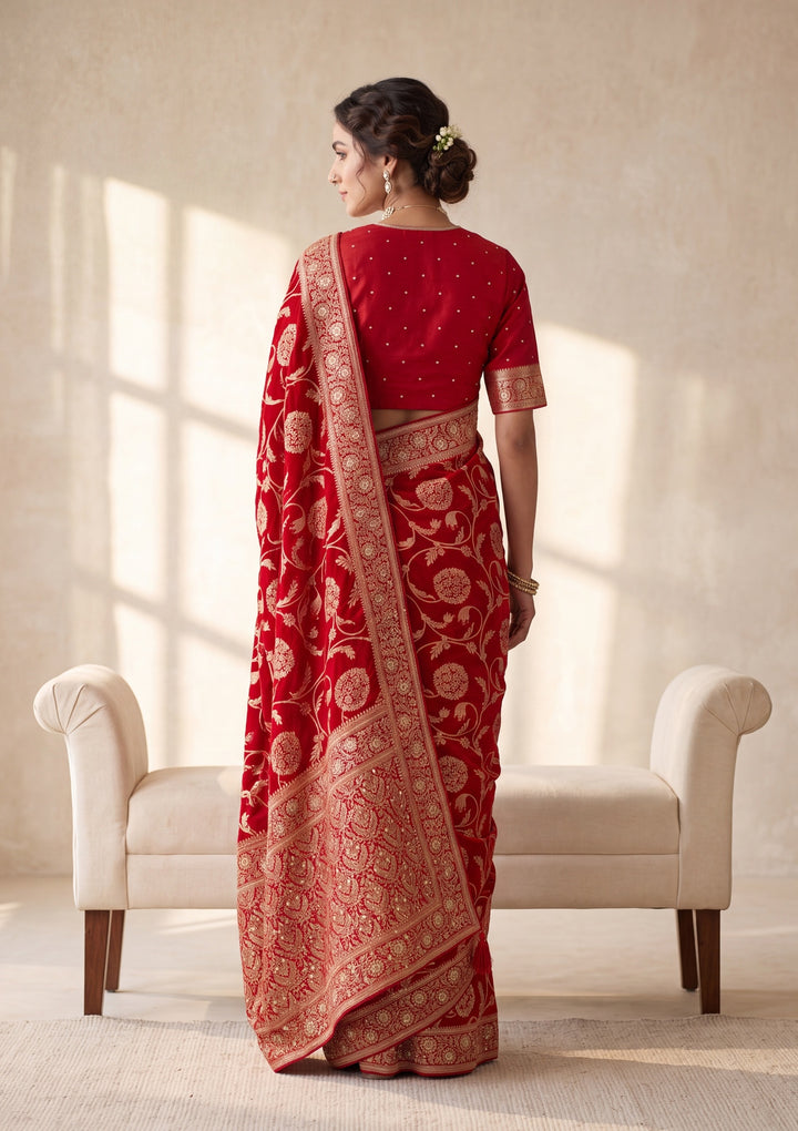 Red Banarasi Silk Saree With Matching Blouse Piece