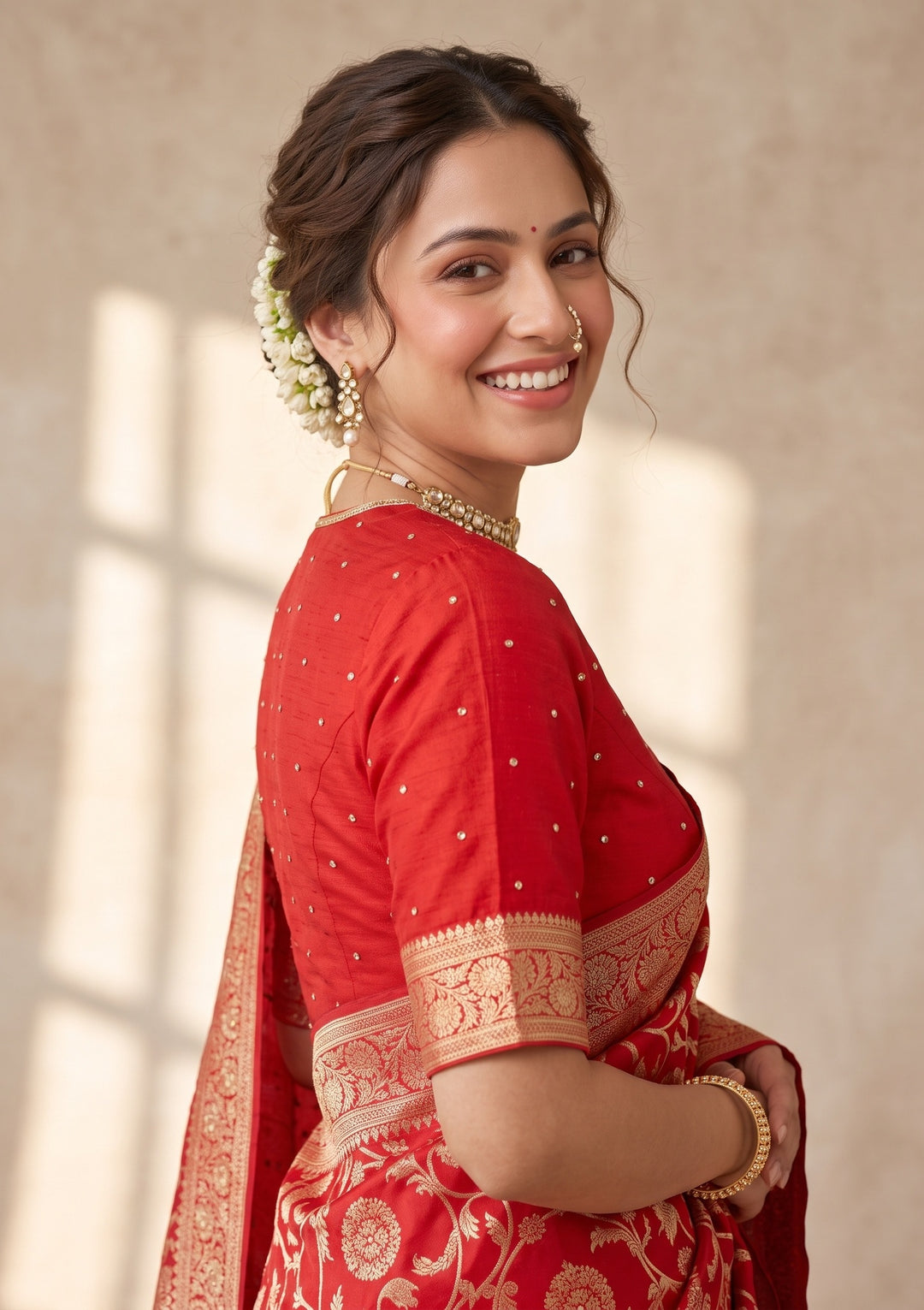 Red Banarasi Silk Saree With Matching Blouse Piece