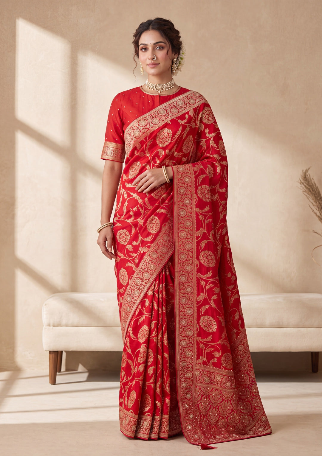 Red Banarasi Silk Saree With Matching Blouse Piece