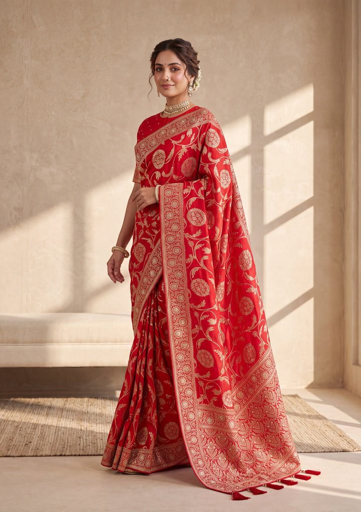 Red Banarasi Silk Saree With Matching Blouse Piece