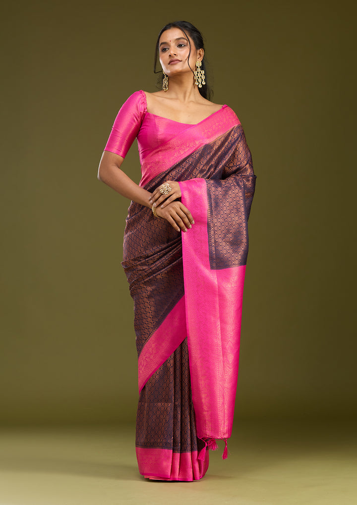 Navy Blue Silk Jaal Gold Zariwork Saree With Matching Blouse Piece