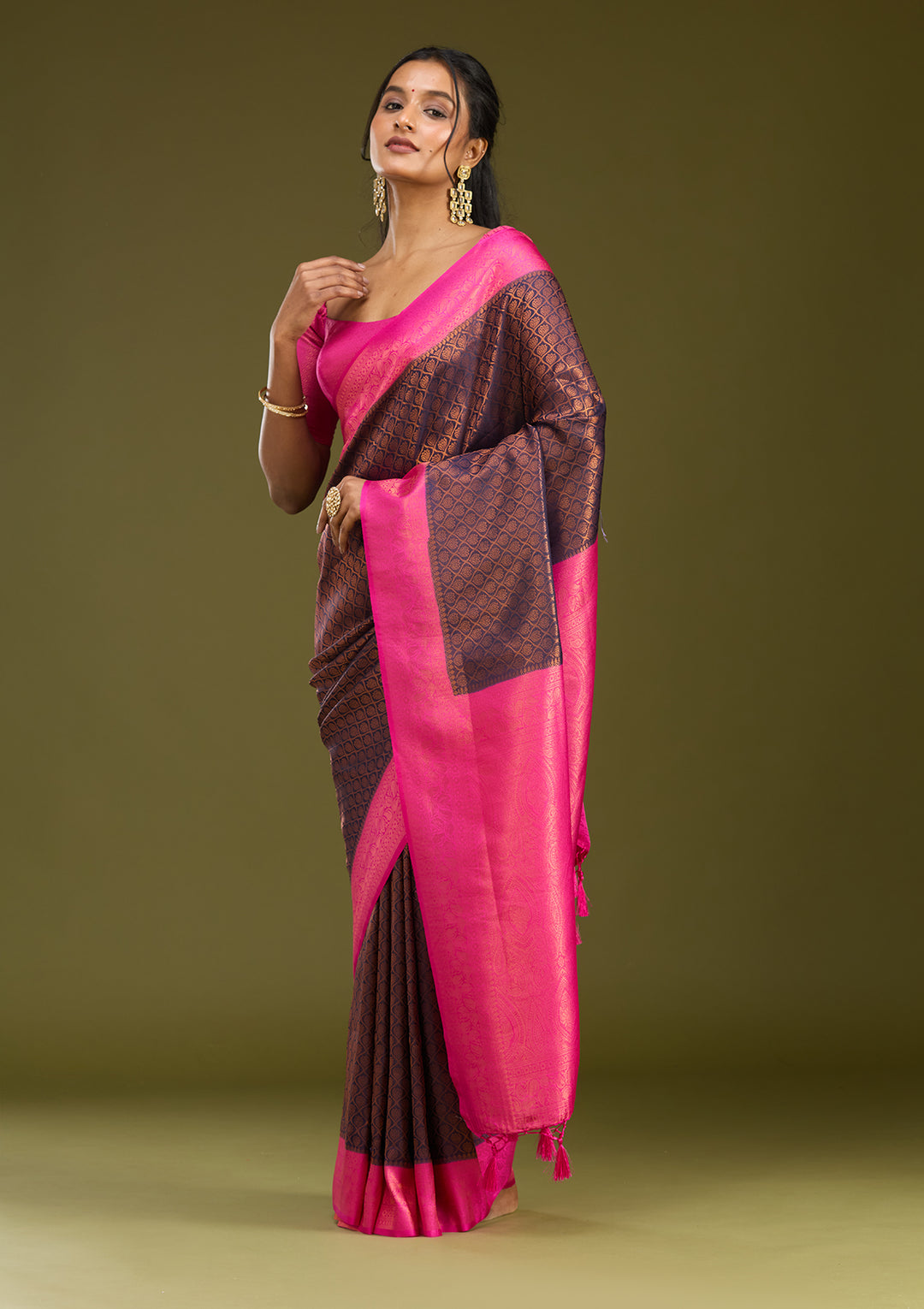 Navy Blue Silk Jaal Gold Zariwork Saree With Matching Blouse Piece