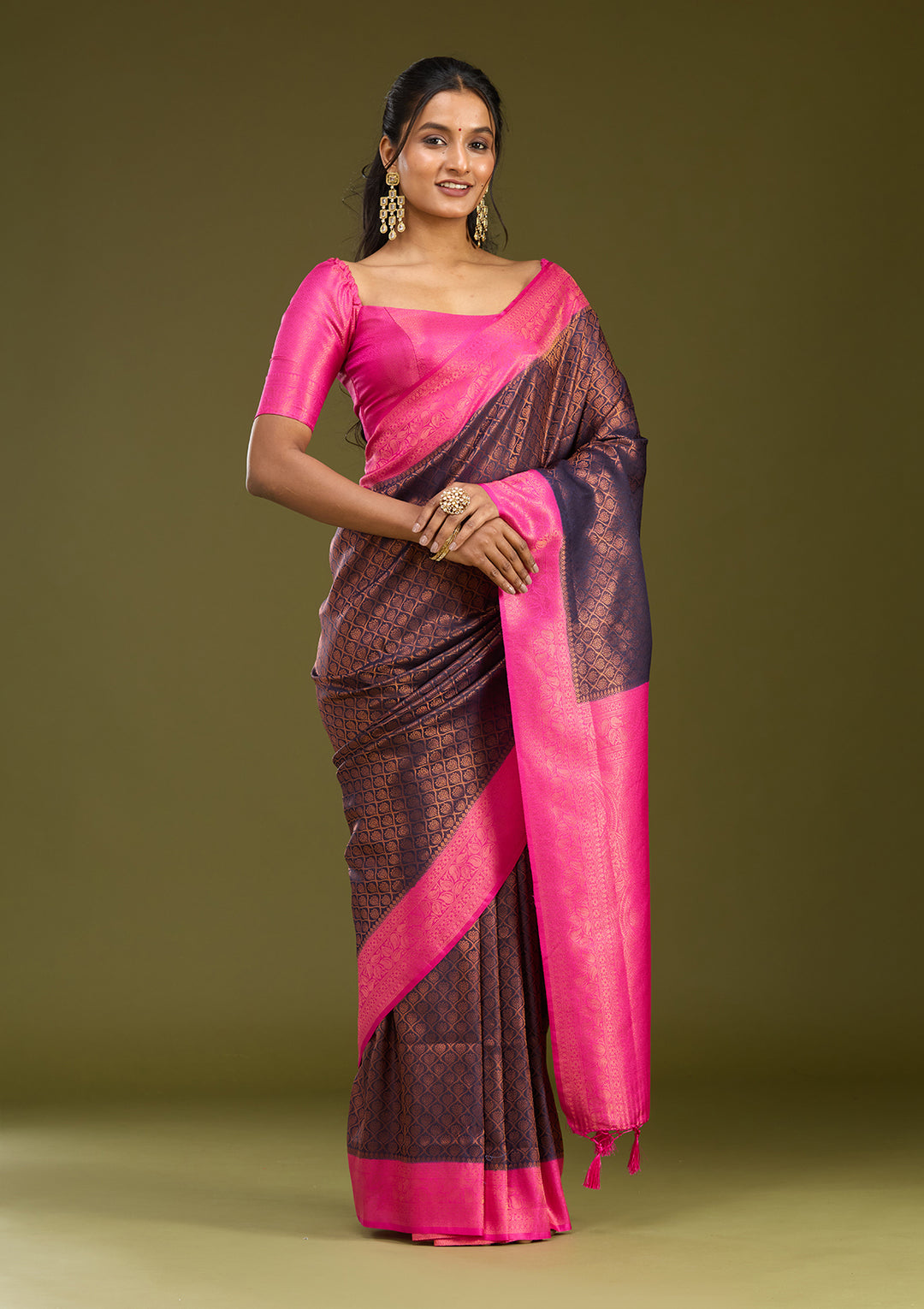 Navy Blue Silk Jaal Gold Zariwork Saree With Matching Blouse Piece