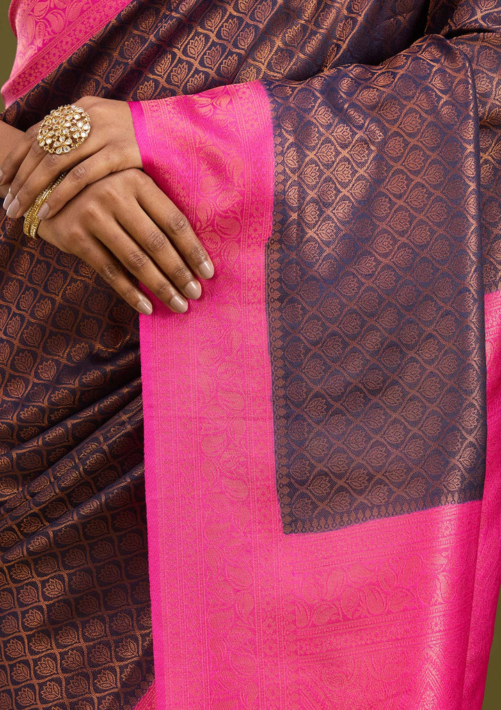 Navy Blue Silk Jaal Gold Zariwork Saree With Matching Blouse Piece