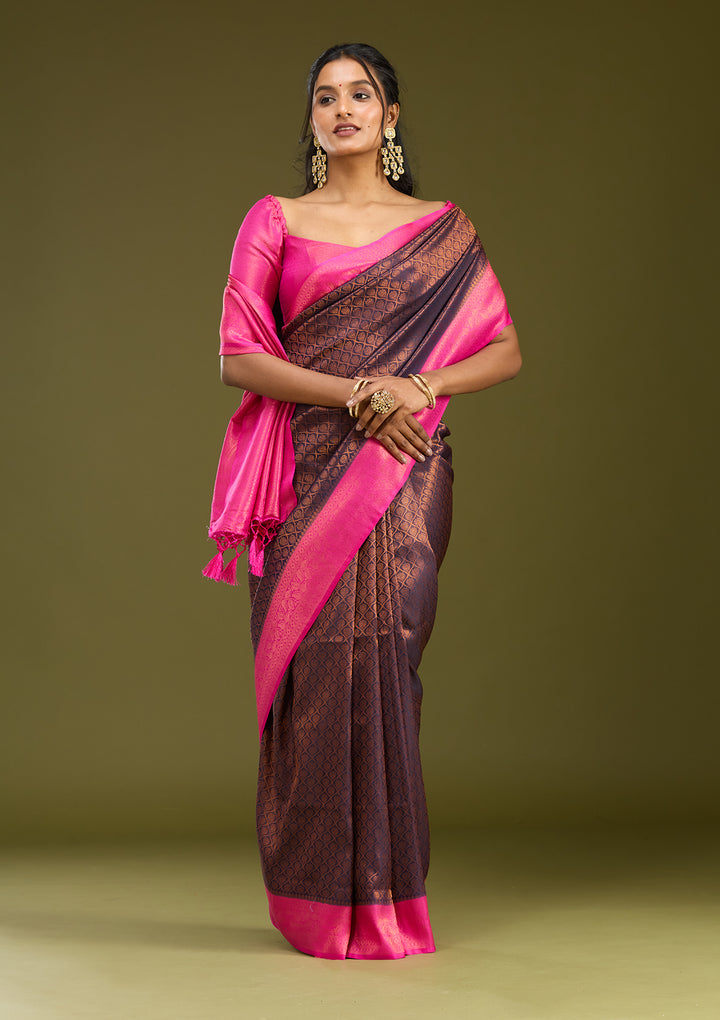 Navy Blue Silk Jaal Gold Zariwork Saree With Matching Blouse Piece