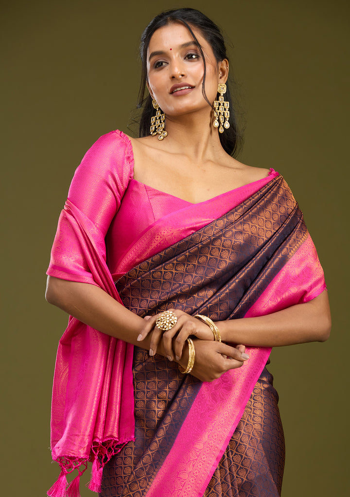 Navy Blue Silk Jaal Gold Zariwork Saree With Matching Blouse Piece