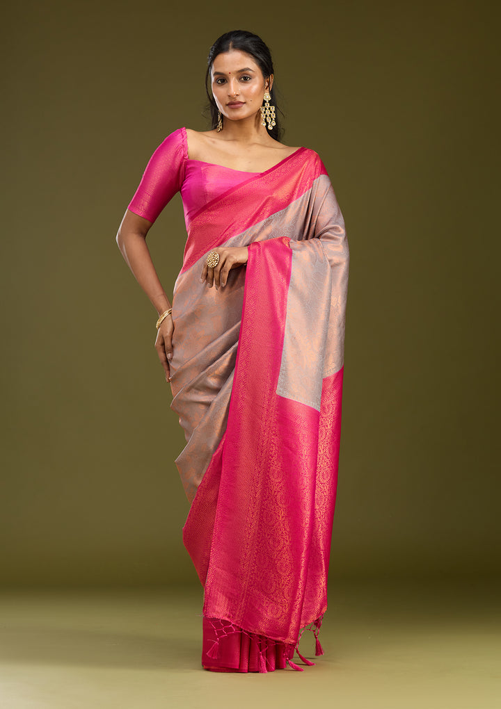 Light Grey Silk Jaal Gold Zariwork Saree With Matching Blouse Piece