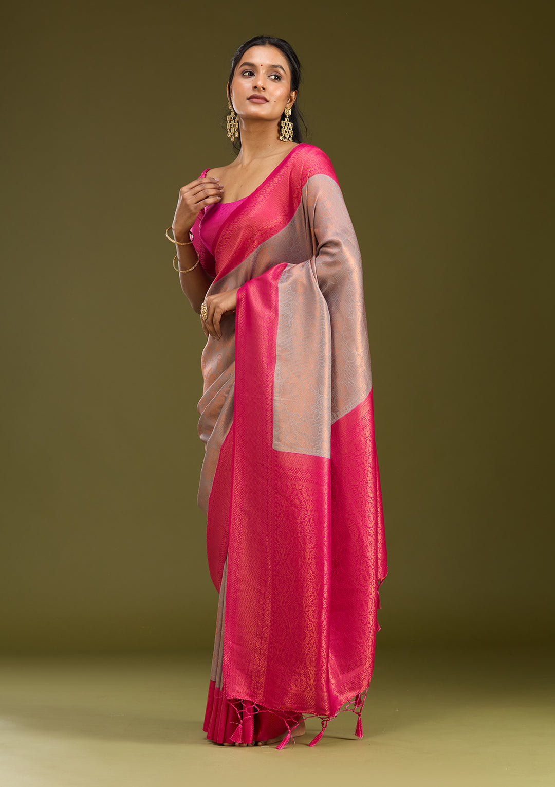 Light Grey Silk Jaal Gold Zariwork Saree With Matching Blouse Piece