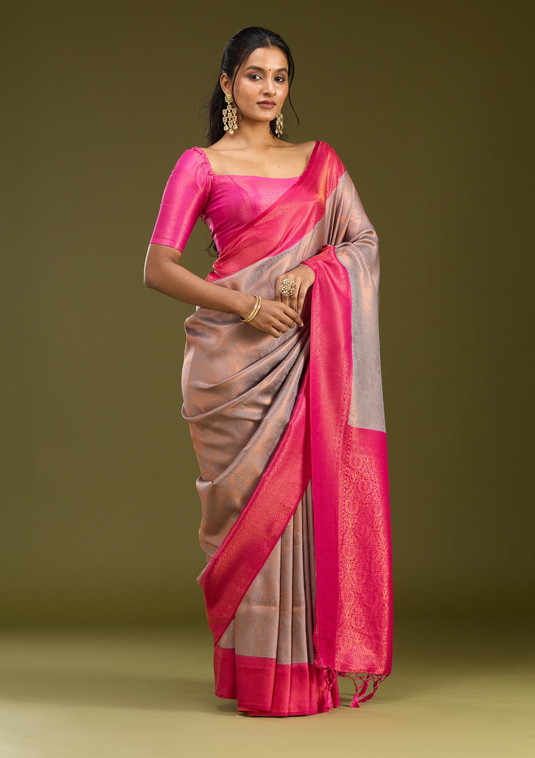 Light Grey Silk Jaal Gold Zariwork Saree With Matching Blouse Piece