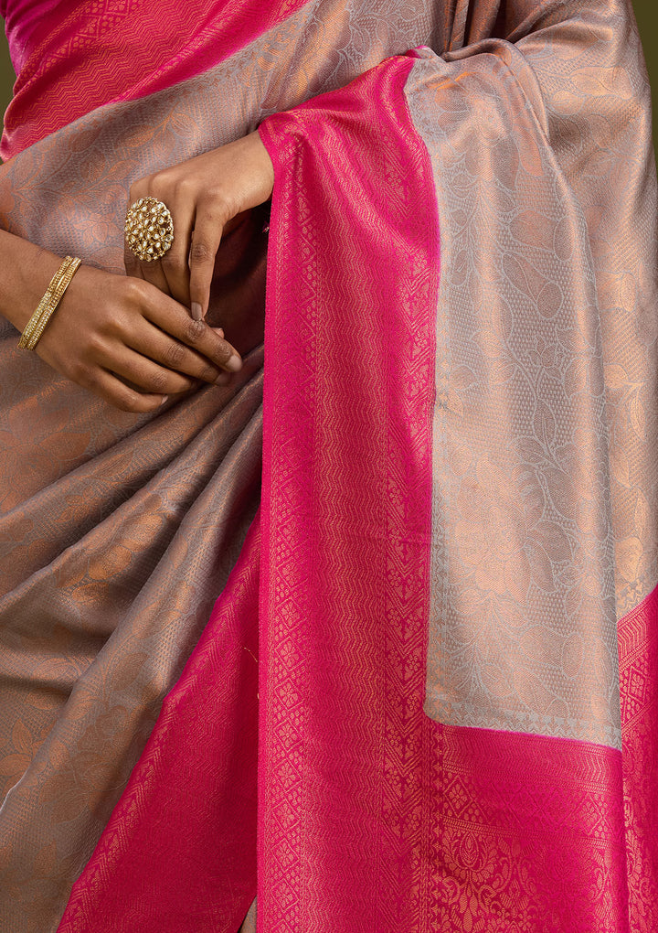 Light Grey Silk Jaal Gold Zariwork Saree With Matching Blouse Piece