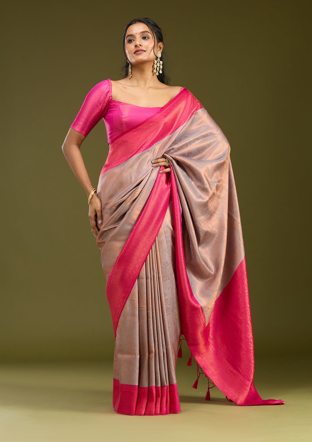 Light Grey Silk Jaal Gold Zariwork Saree With Matching Blouse Piece