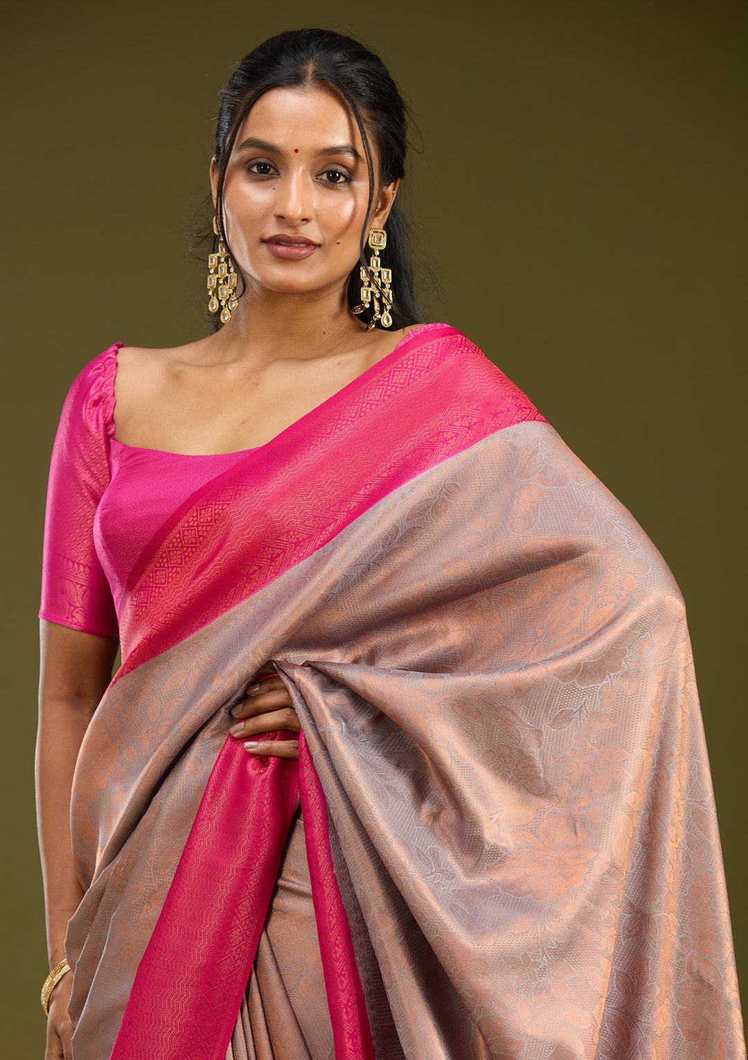 Light Grey Silk Jaal Gold Zariwork Saree With Matching Blouse Piece