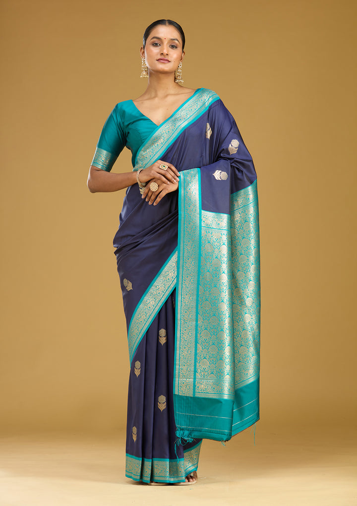 Navy Blue Silk Buti Gold Zariwork Saree With Matching Blouse Piece