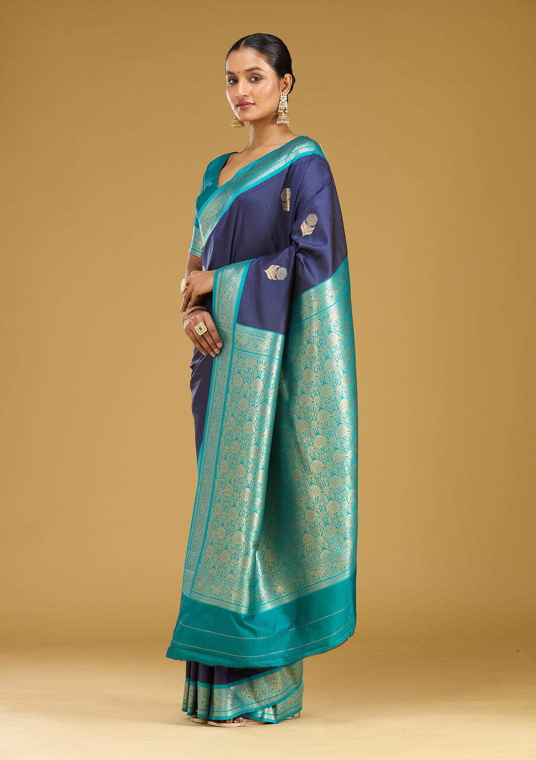 Navy Blue Silk Buti Gold Zariwork Saree With Matching Blouse Piece