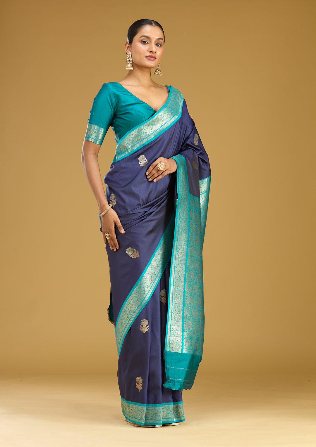 Navy Blue Silk Buti Gold Zariwork Saree With Matching Blouse Piece
