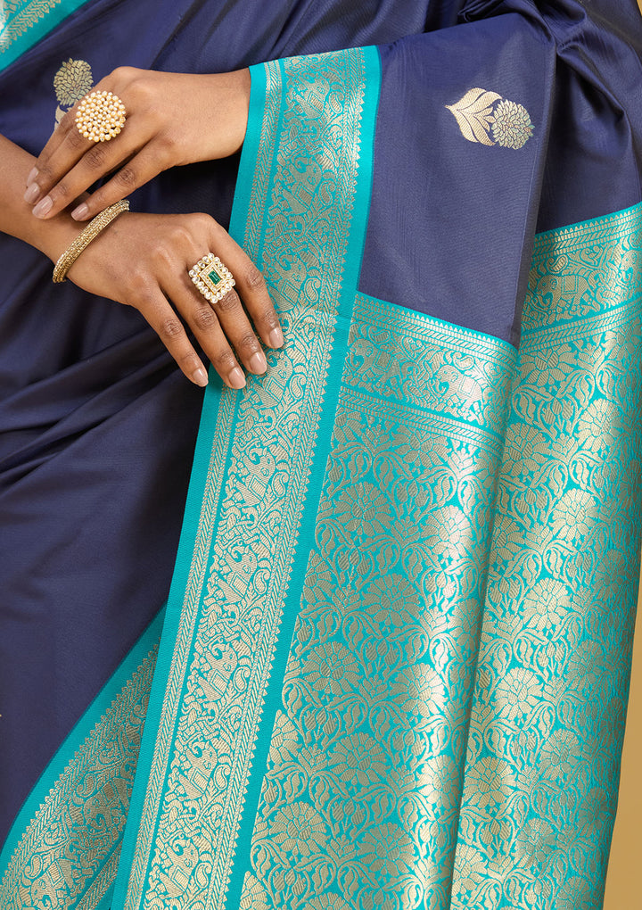 Navy Blue Silk Buti Gold Zariwork Saree With Matching Blouse Piece