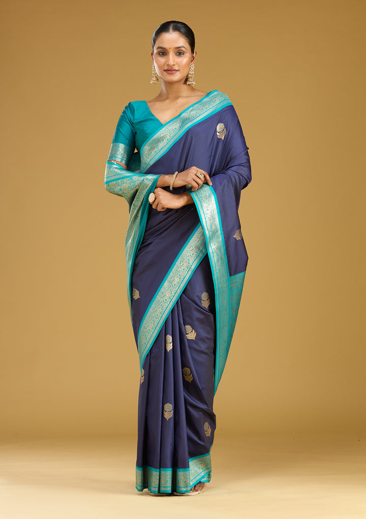 Navy Blue Silk Buti Gold Zariwork Saree With Matching Blouse Piece