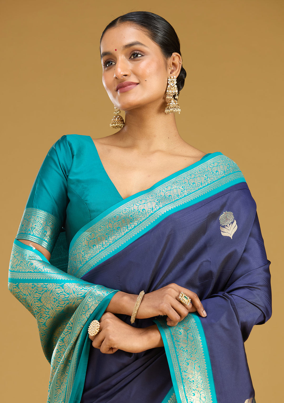 Navy Blue Silk Buti Gold Zariwork Saree With Matching Blouse Piece