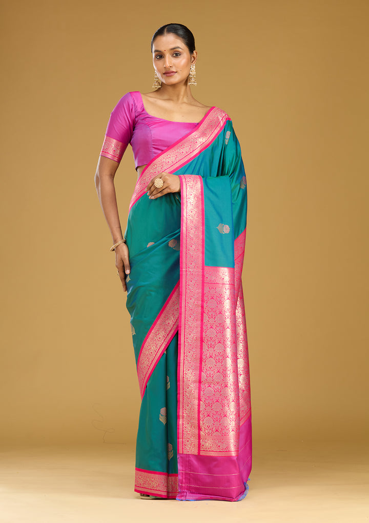 Peacock Blue Silk Buti Gold Zariwork Saree With Matching Blouse Piece