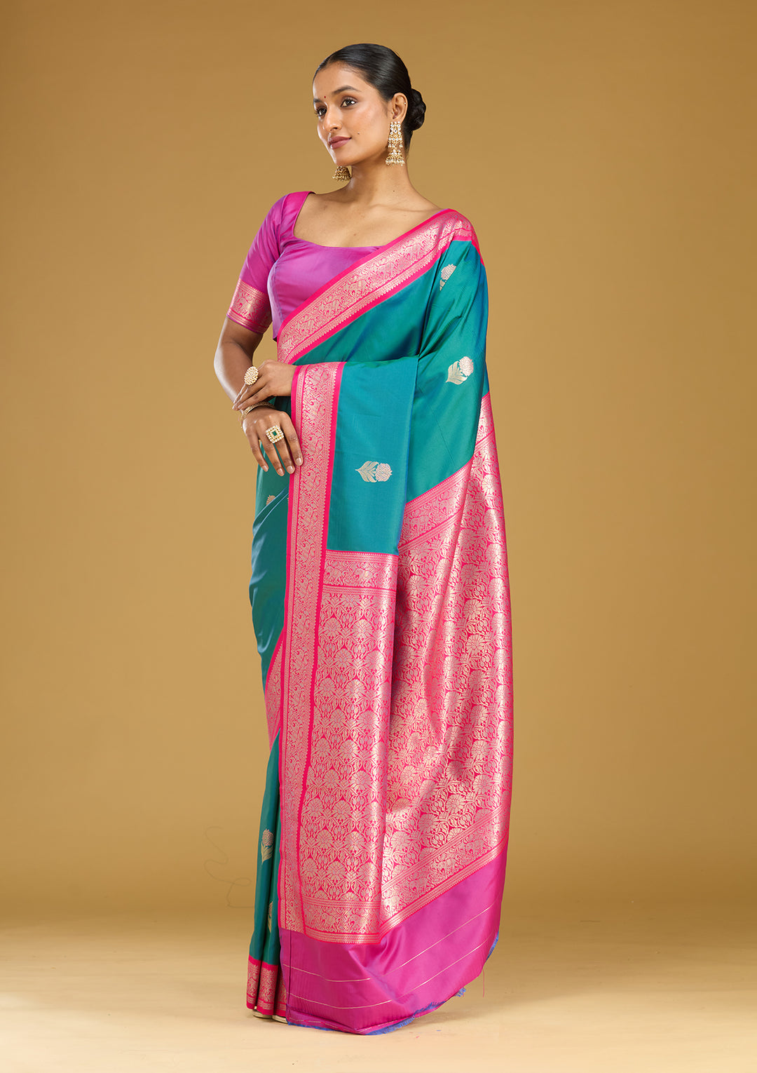 Peacock Blue Silk Buti Gold Zariwork Saree With Matching Blouse Piece