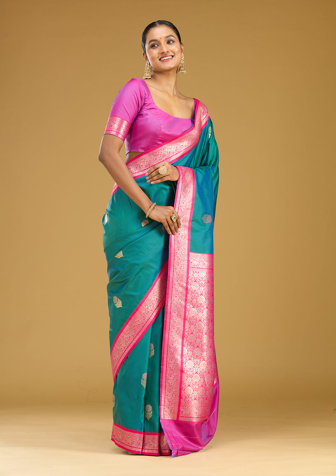 Peacock Blue Silk Buti Gold Zariwork Saree With Matching Blouse Piece