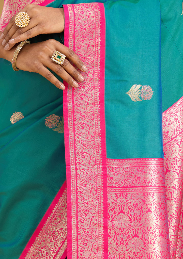 Peacock Blue Silk Buti Gold Zariwork Saree With Matching Blouse Piece