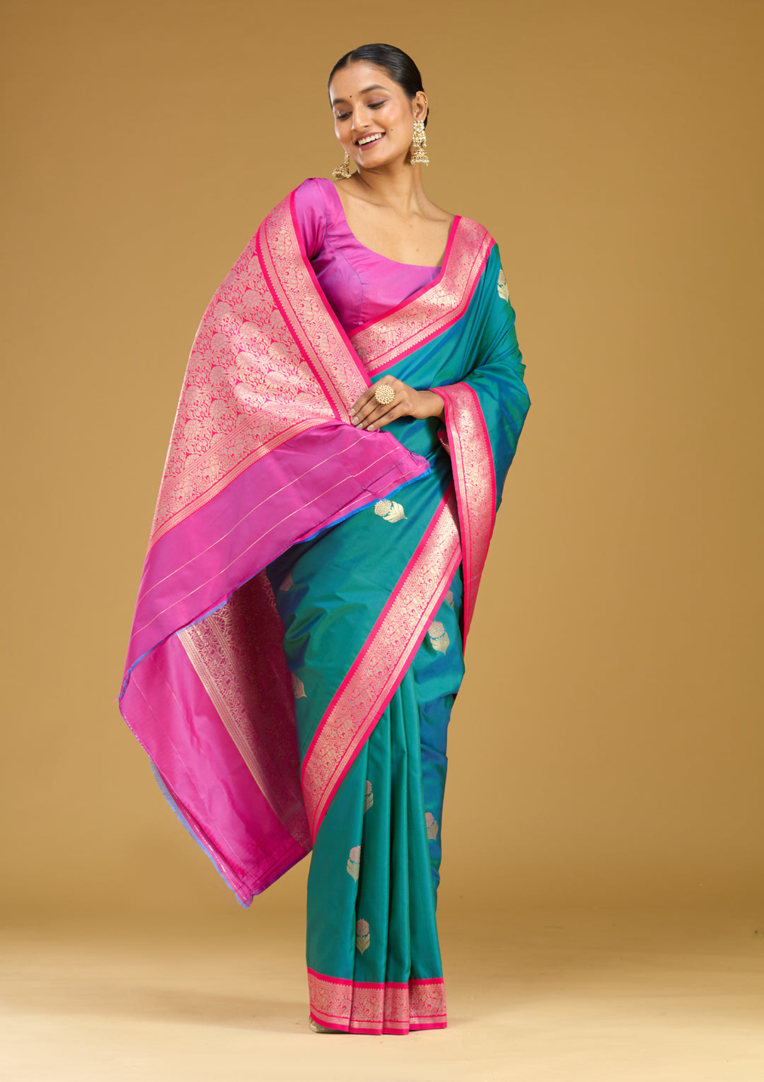 Peacock Blue Silk Buti Gold Zariwork Saree With Matching Blouse Piece