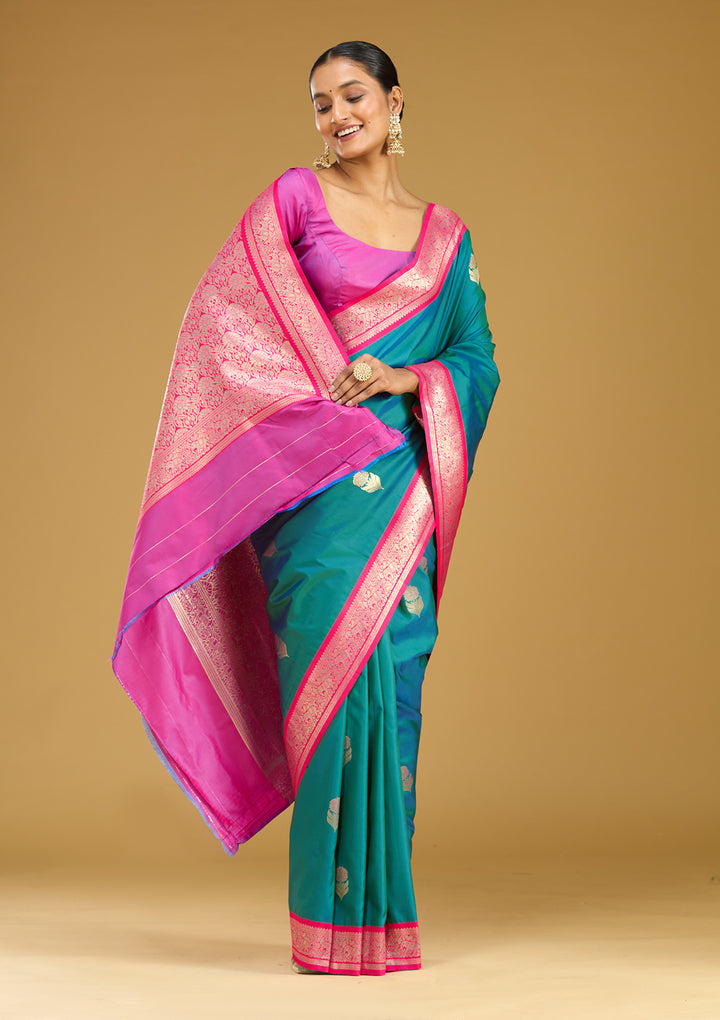Peacock Blue Silk Buti Gold Zariwork Saree With Matching Blouse Piece