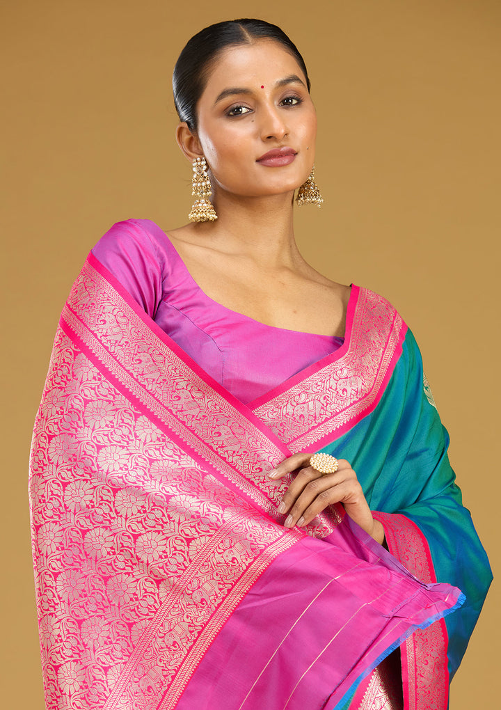 Peacock Blue Silk Buti Gold Zariwork Saree With Matching Blouse Piece