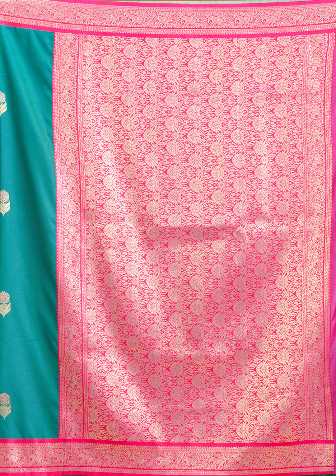 Peacock Blue Silk Buti Gold Zariwork Saree With Matching Blouse Piece