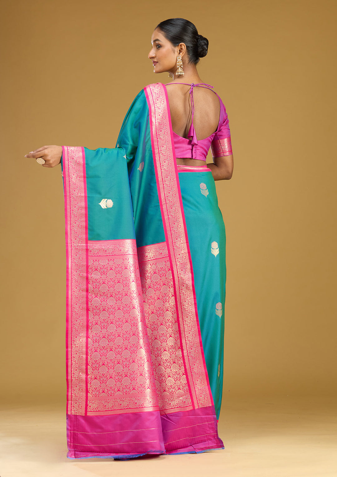 Peacock Blue Silk Buti Gold Zariwork Saree With Matching Blouse Piece