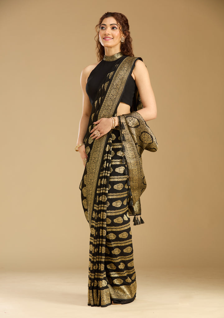 Black Georgette Buti Stonework Saree With Matching Blouse Piece