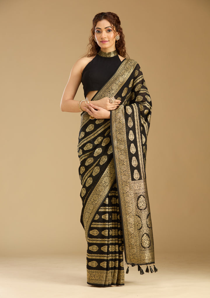 Black Georgette Buti Stonework Saree With Matching Blouse Piece