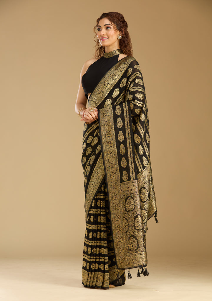 Black Georgette Buti Stonework Saree With Matching Blouse Piece
