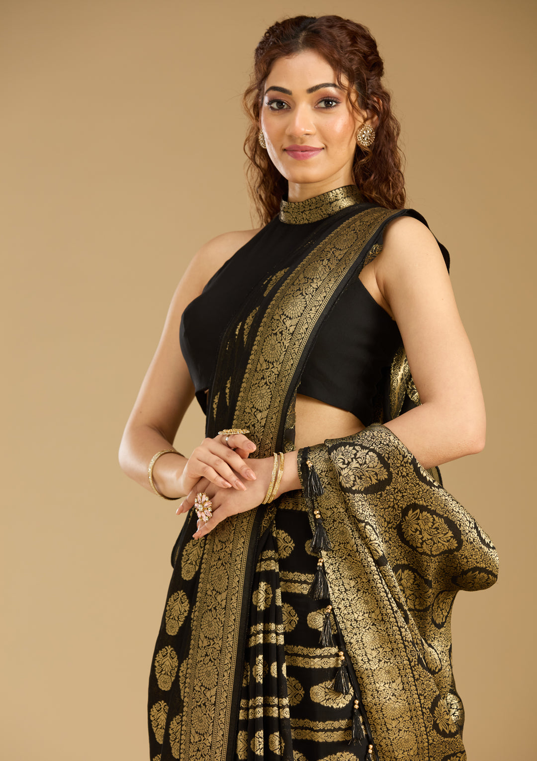 Black Georgette Buti Stonework Saree With Matching Blouse Piece
