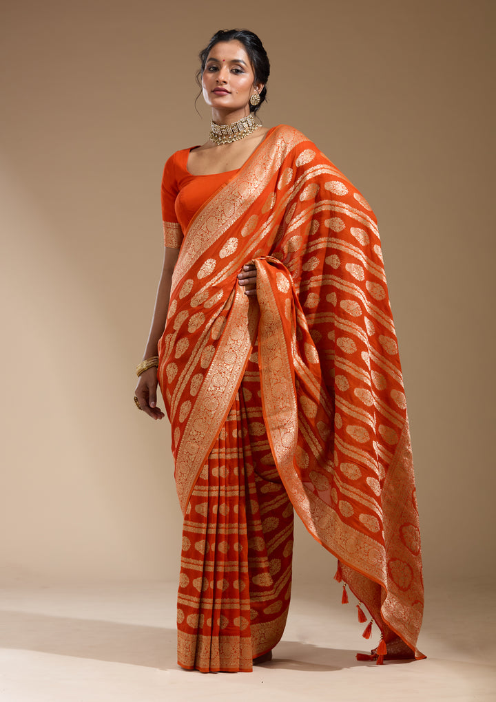Orange Georgette Buti Stonework Saree With Matching Blouse Piece