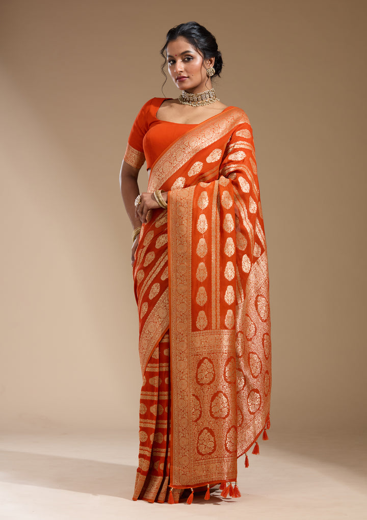 Orange Georgette Buti Stonework Saree With Matching Blouse Piece